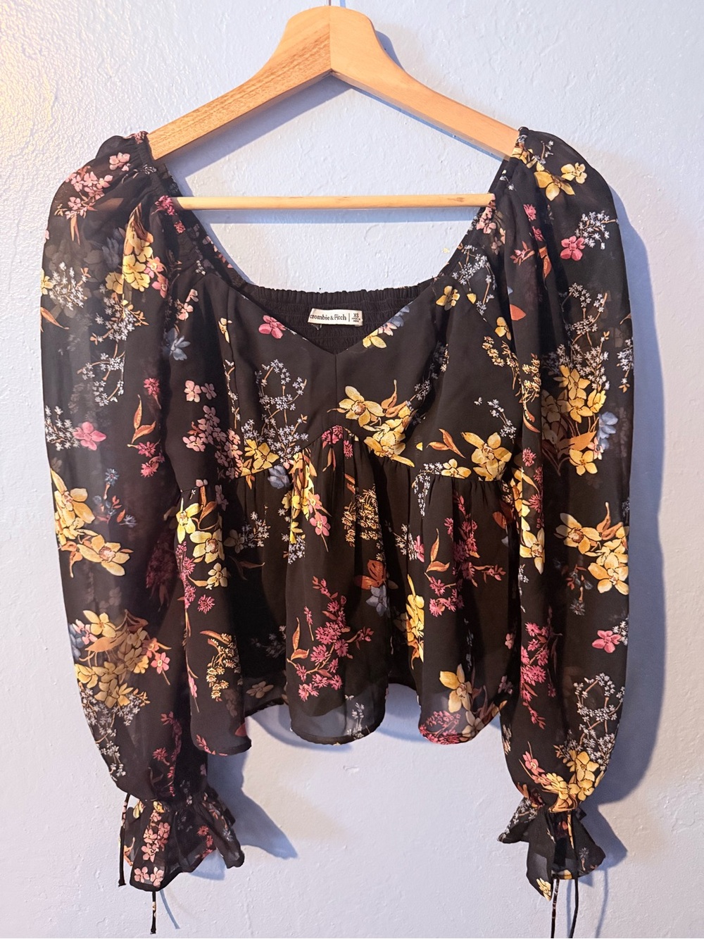 Abercrombie & Fitch Black Floral Blouse with Yellow and Pink Flowers